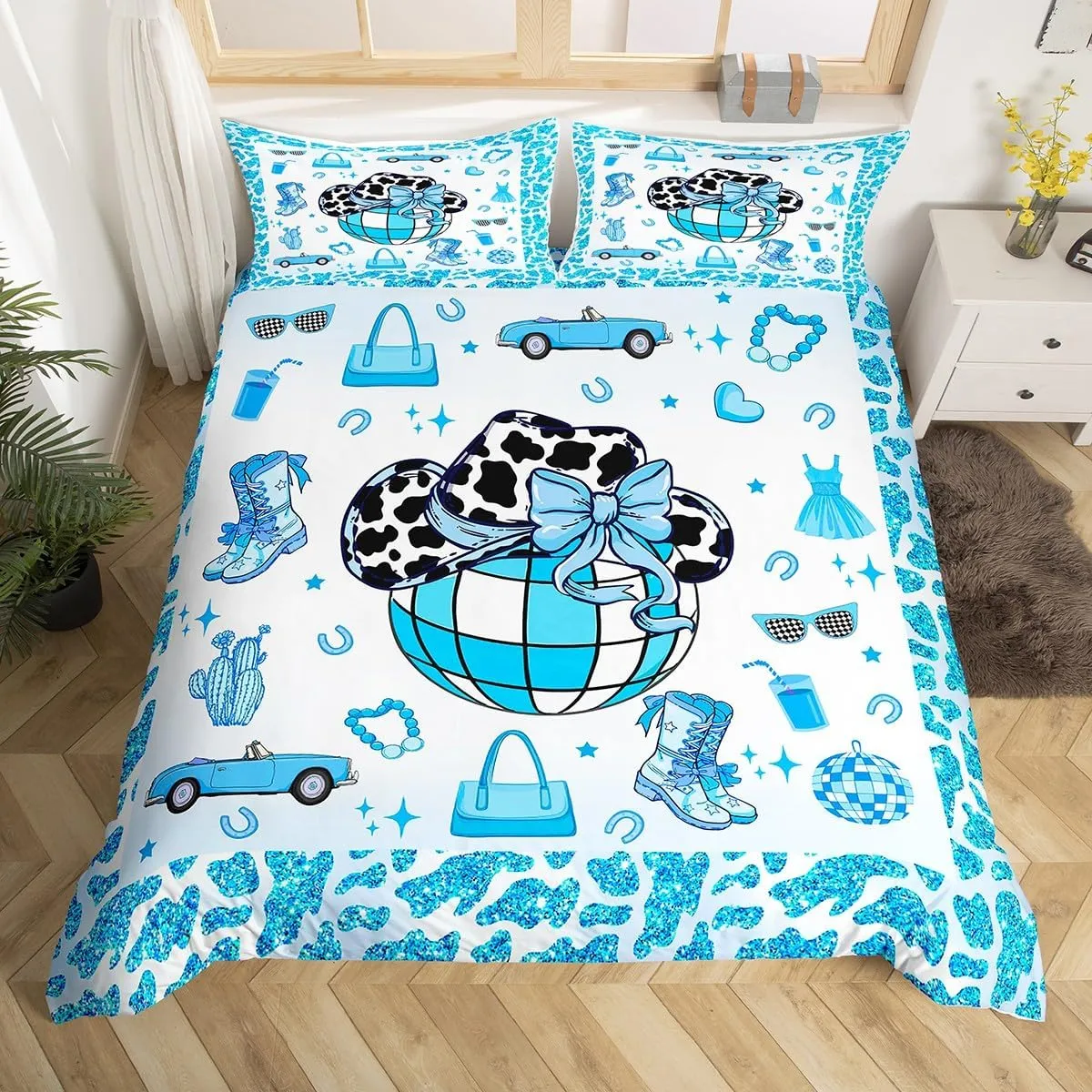 Erosebridal Cowboy Bedding Set,Cowgirl Boots Hats Duvet Cover Queen for Kids Teens Adults,Southwestern Bed Set,Blue Hippie Cow Pattern Comforter Cover with 2 Pillowcases Bedroom Decor