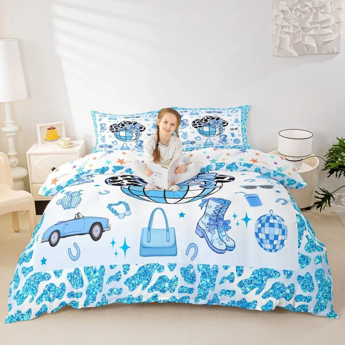 Erosebridal Cowboy Bedding Set,Cowgirl Boots Hats Duvet Cover Queen for Kids Teens Adults,Southwestern Bed Set,Blue Hippie Cow Pattern Comforter Cover with 2 Pillowcases Bedroom Decor