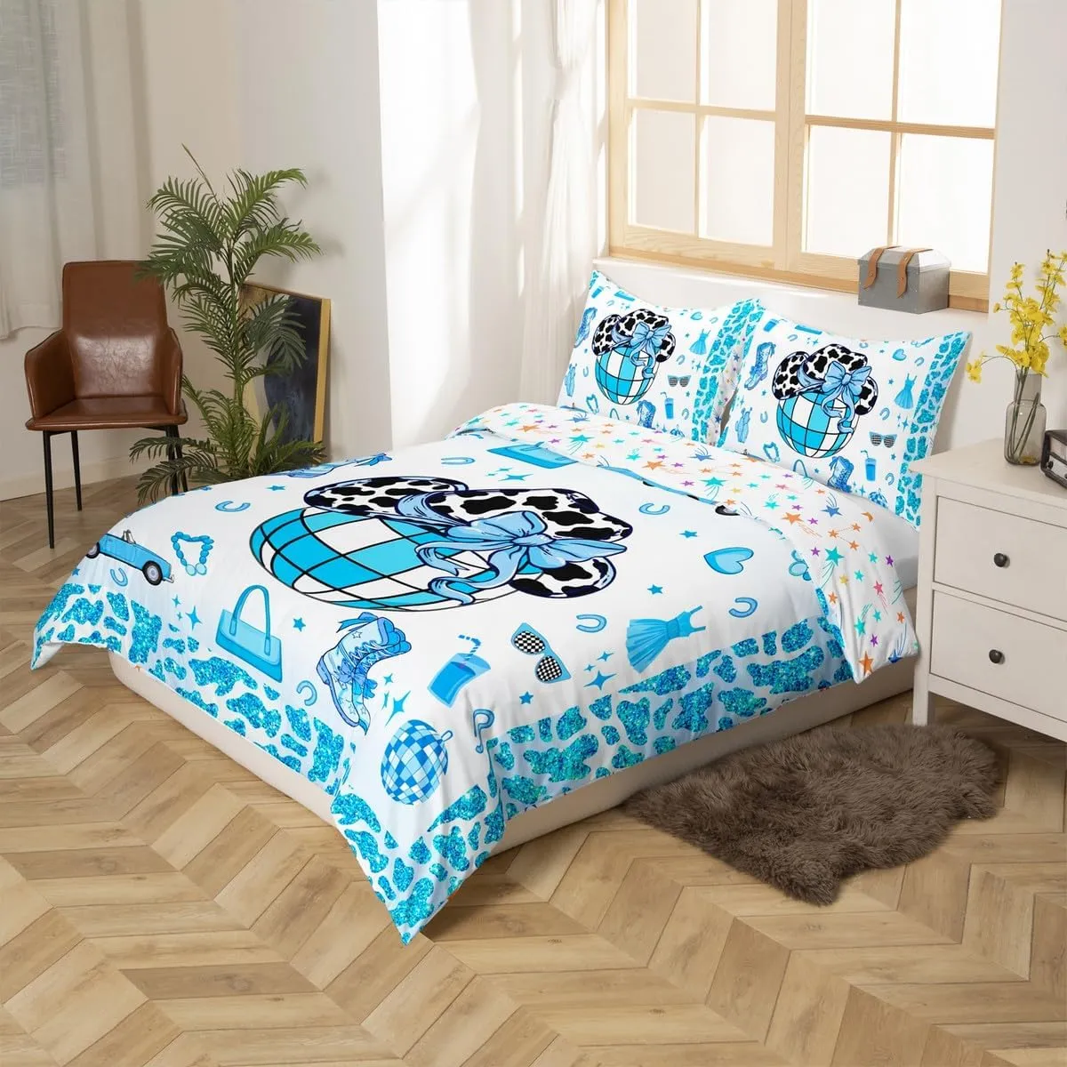 Erosebridal Cowboy Bedding Set,Cowgirl Boots Hats Duvet Cover Queen for Kids Teens Adults,Southwestern Bed Set,Blue Hippie Cow Pattern Comforter Cover with 2 Pillowcases Bedroom Decor