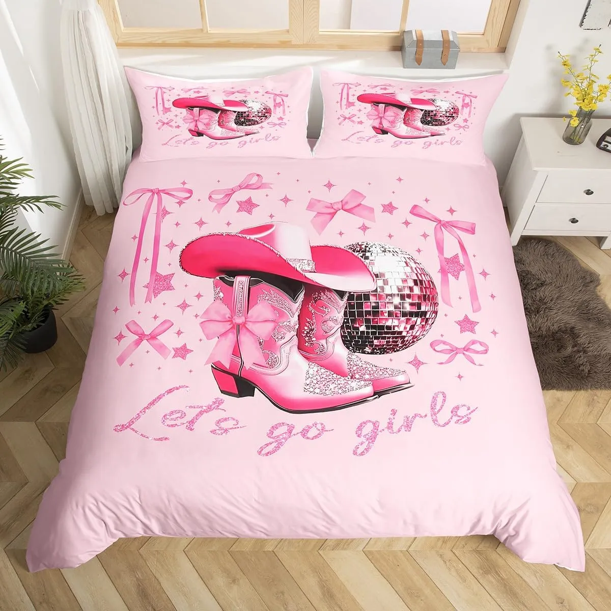 Erosebridal Girls Western Cowgirl Bedding Sets Full Pink Disco Bowknot Cowgirl Kids Comforter Cover Western Room Decor,Cute Bow Boots Hat Disco Ball Duvet Cover,Kawaii Cowboy Quilt Cover 3 Pcs