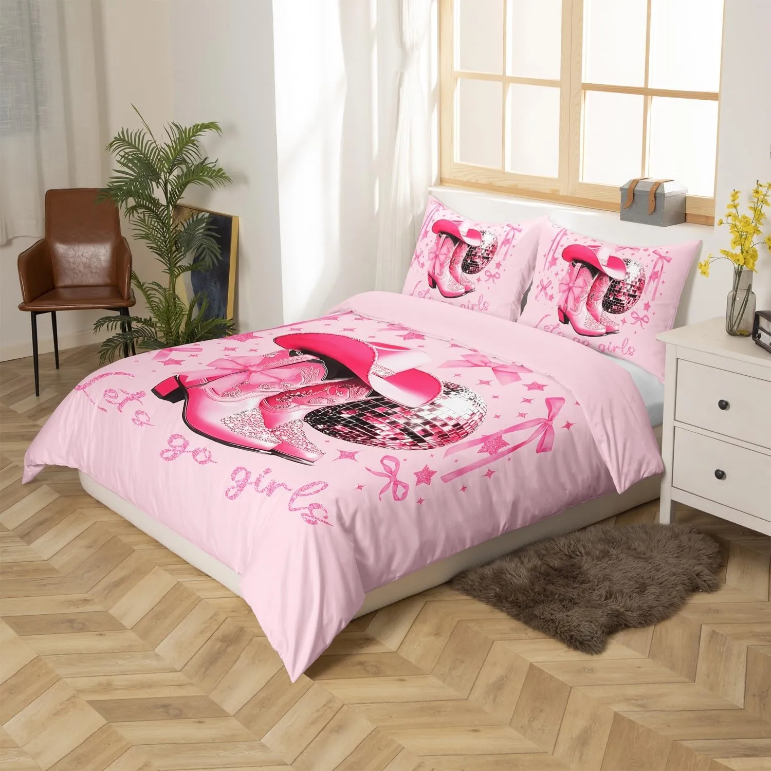 Erosebridal Girls Western Cowgirl Bedding Sets Full Pink Disco Bowknot Cowgirl Kids Comforter Cover Western Room Decor,Cute Bow Boots Hat Disco Ball Duvet Cover,Kawaii Cowboy Quilt Cover 3 Pcs