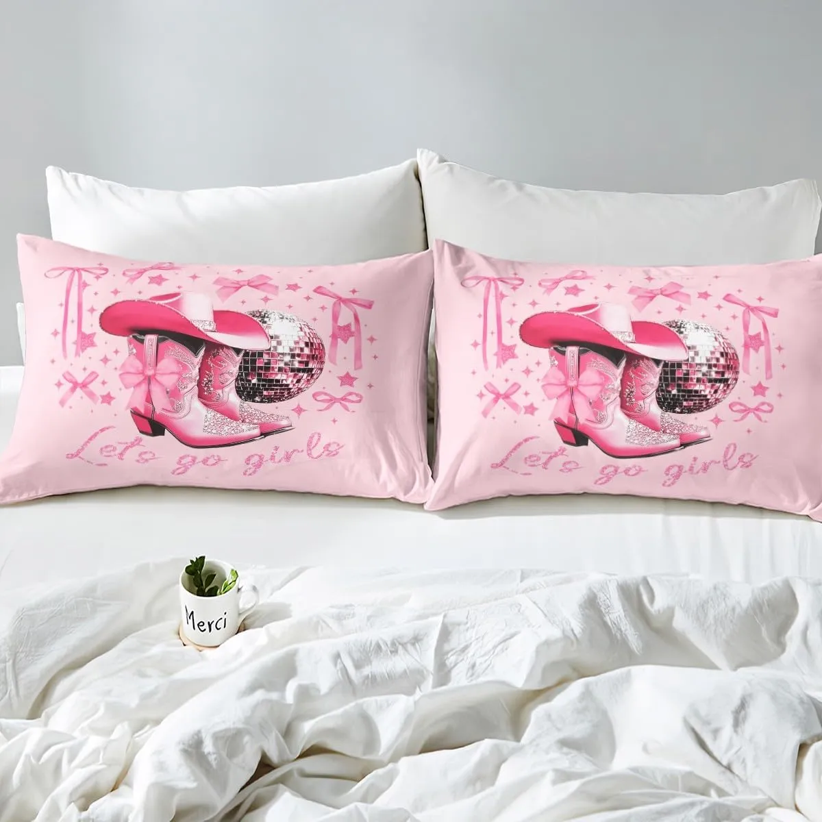 Erosebridal Girls Western Cowgirl Bedding Sets Full Pink Disco Bowknot Cowgirl Kids Comforter Cover Western Room Decor,Cute Bow Boots Hat Disco Ball Duvet Cover,Kawaii Cowboy Quilt Cover 3 Pcs