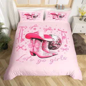 Erosebridal Girls Western Cowgirl Bedding Sets Full Pink Disco Bowknot Cowgirl Kids Comforter Cover Western Room Decor,Cute Bow Boots Hat Disco Ball Duvet Cover,Kawaii Cowboy Quilt Cover 3 Pcs