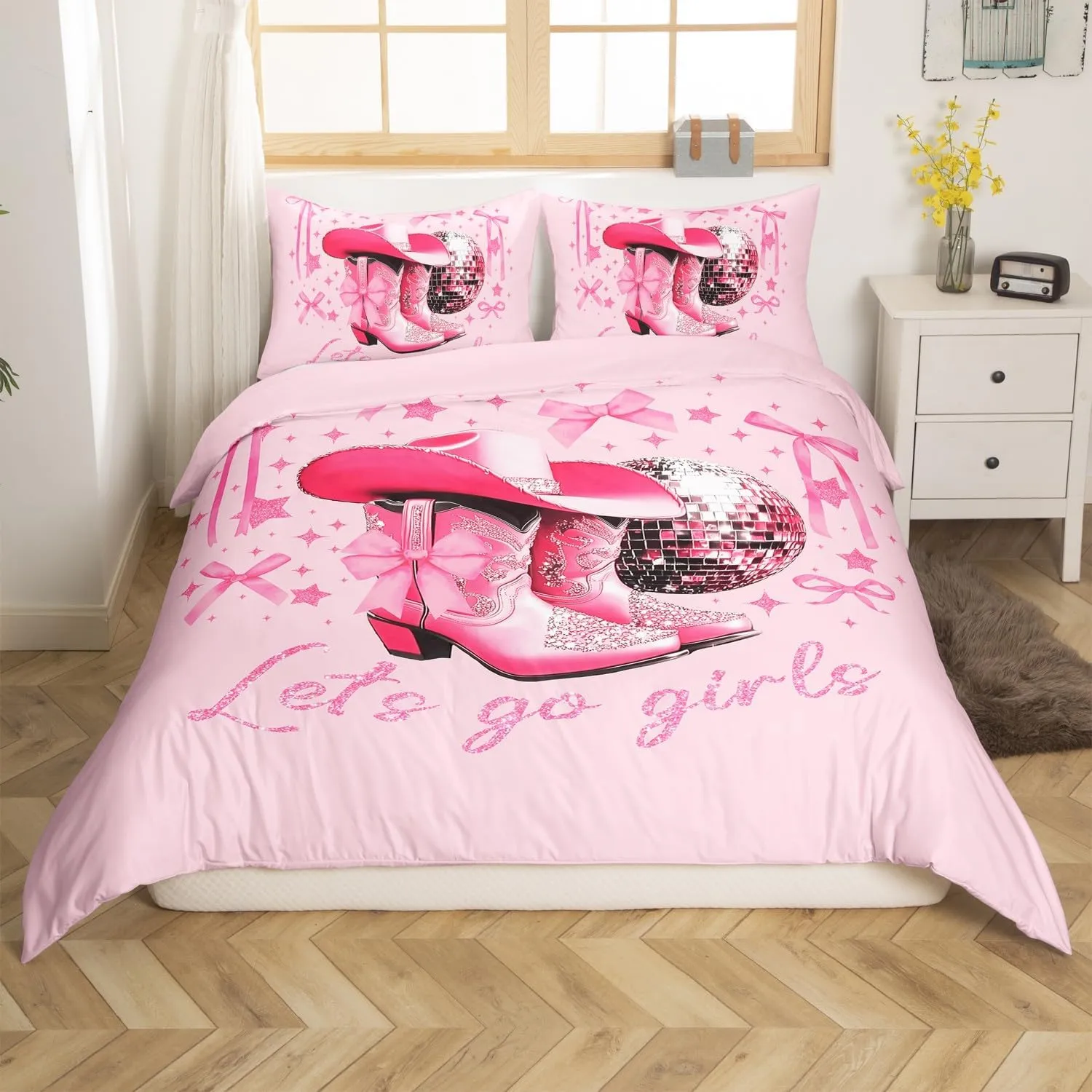 Erosebridal Girls Western Cowgirl Bedding Sets Full Pink Disco Bowknot Cowgirl Kids Comforter Cover Western Room Decor,Cute Bow Boots Hat Disco Ball Duvet Cover,Kawaii Cowboy Quilt Cover 3 Pcs