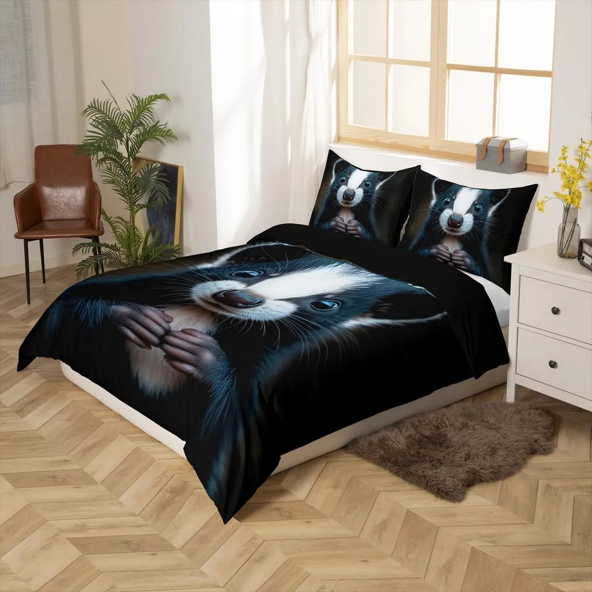 Erosebridal Skunk Duvet Cover Queen Size,Black and White 3D Skunk Bedding Set for Kids Boys Gilrs,Stuffed Animal Comforter Cover,Mammal Wildlife Bedspread Cover with 2 Pillow Cases