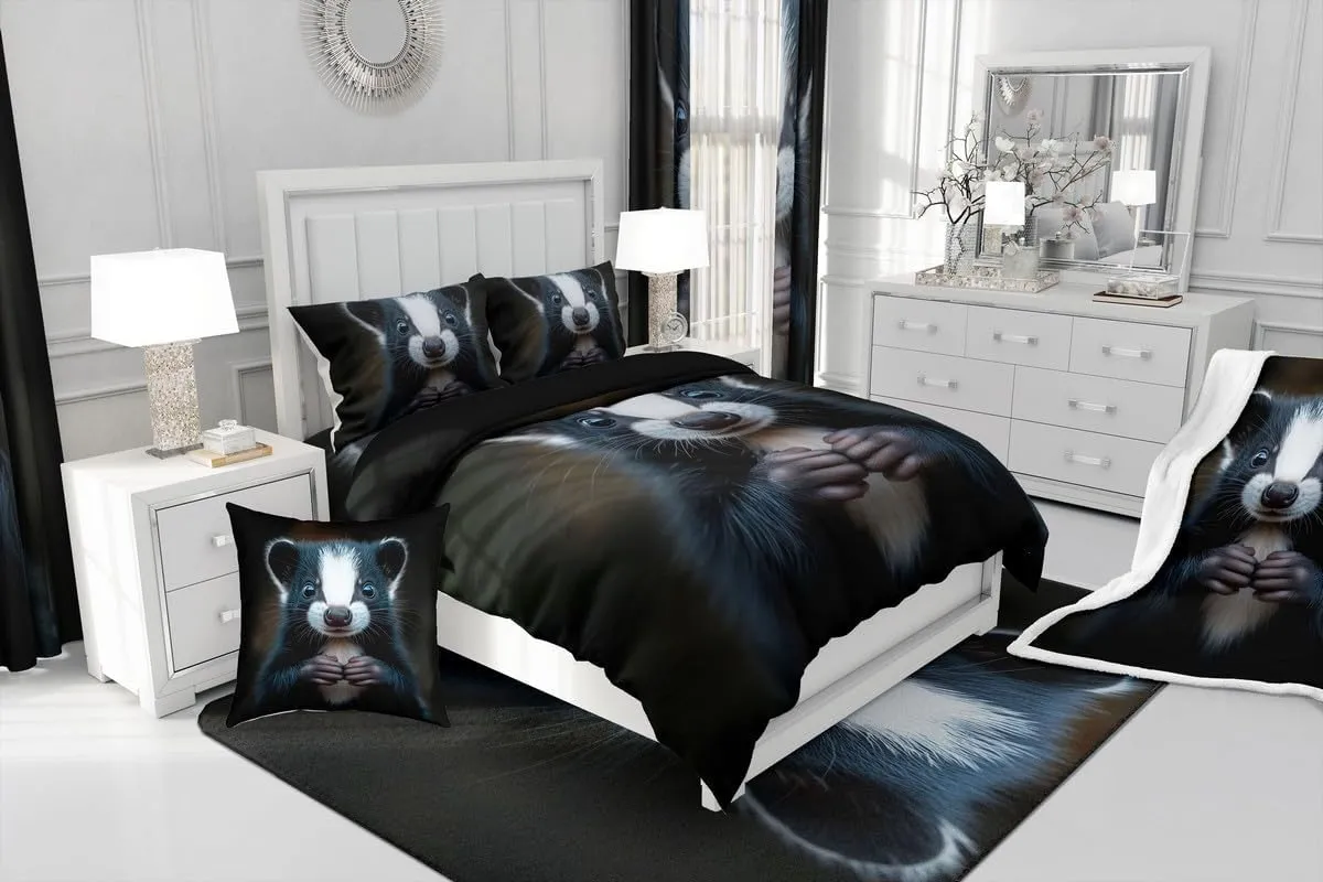 Erosebridal Skunk Duvet Cover Queen Size,Black and White 3D Skunk Bedding Set for Kids Boys Gilrs,Stuffed Animal Comforter Cover,Mammal Wildlife Bedspread Cover with 2 Pillow Cases