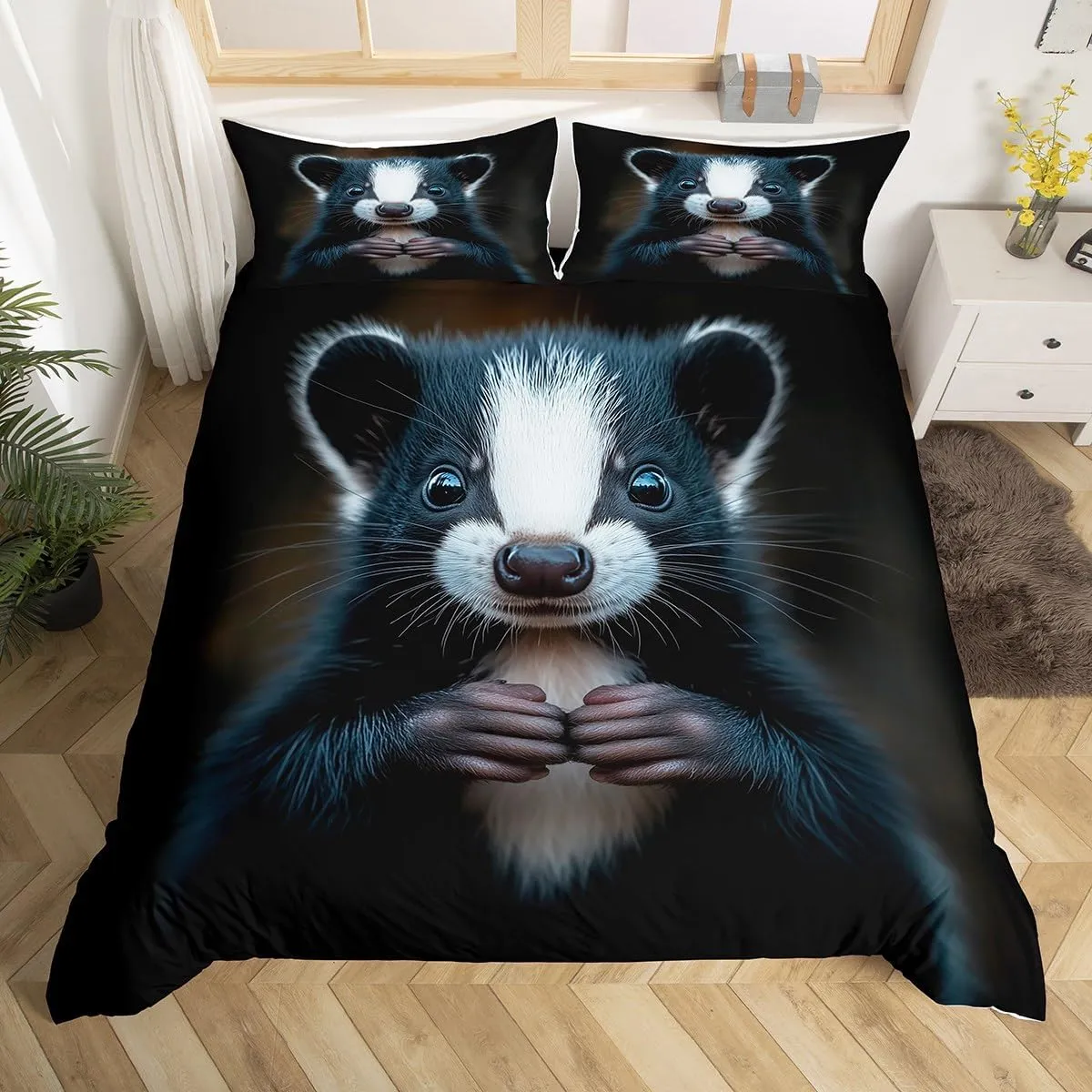 Erosebridal Skunk Duvet Cover Queen Size,Black and White 3D Skunk Bedding Set for Kids Boys Gilrs,Stuffed Animal Comforter Cover,Mammal Wildlife Bedspread Cover with 2 Pillow Cases