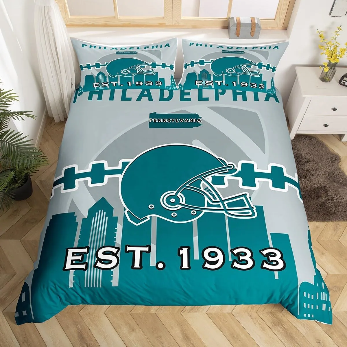 Erosebridal Sports Duvet Cover for Boys,Football Bedding Set Twin Size,American Football Players Comforter Cover,Sports Ball Game Bed Sets with 1 Pillowcase Microfiber(Philadelphia)