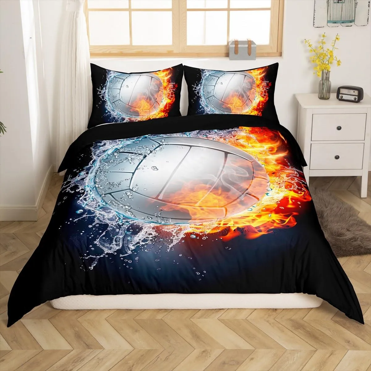 Erosebridal Volleyball Bedding Set Sports Duvet Cover Full Size Boys Girls Ball Theme Fire Water Comforter Cover Set 3 Pieces with 2 Pillowcases Kids Teens Bedroom Decor Quilt Cover