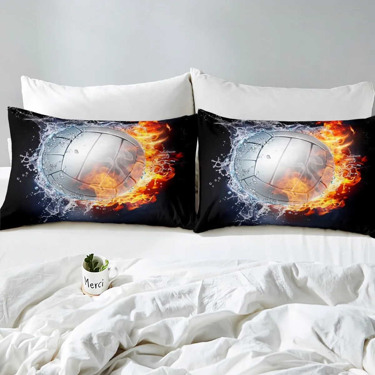 Erosebridal Volleyball Bedding Set Sports Duvet Cover Full Size Boys Girls Ball Theme Fire Water Comforter Cover Set 3 Pieces with 2 Pillowcases Kids Teens Bedroom Decor Quilt Cover