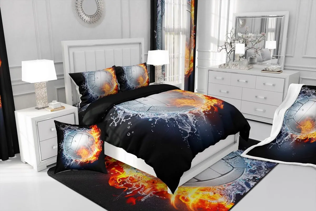Erosebridal Volleyball Bedding Set Sports Duvet Cover Full Size Boys Girls Ball Theme Fire Water Comforter Cover Set 3 Pieces with 2 Pillowcases Kids Teens Bedroom Decor Quilt Cover