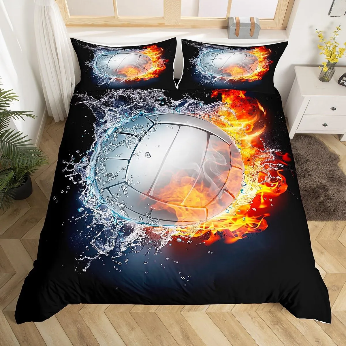 Erosebridal Volleyball Bedding Set Sports Duvet Cover Full Size Boys Girls Ball Theme Fire Water Comforter Cover Set 3 Pieces with 2 Pillowcases Kids Teens Bedroom Decor Quilt Cover