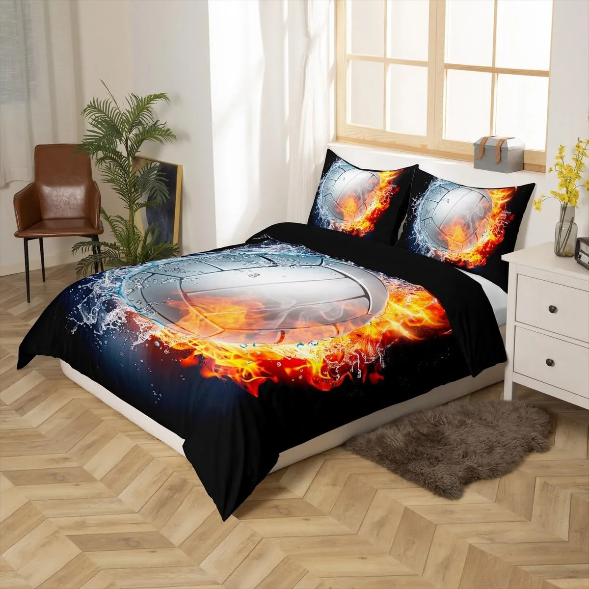 Erosebridal Volleyball Bedding Set Sports Duvet Cover Full Size Boys Girls Ball Theme Fire Water Comforter Cover Set 3 Pieces with 2 Pillowcases Kids Teens Bedroom Decor Quilt Cover