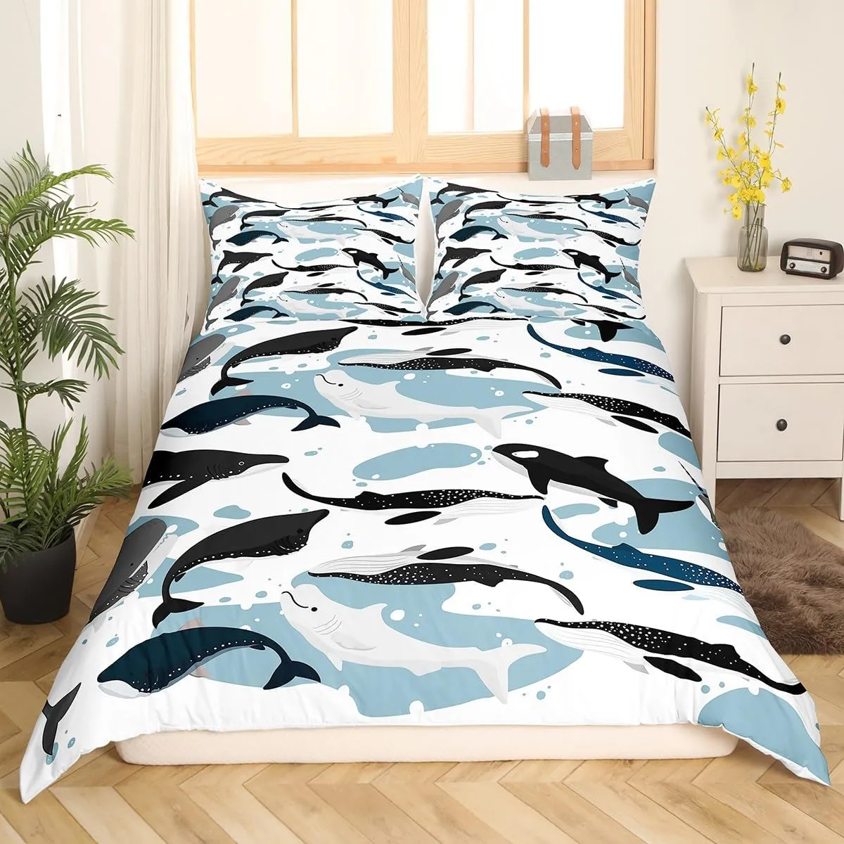 Erosebridal Whale Comforter Cover Twin, Marine Life Duvet Cover for Kids Boys Girls, Kawaii Cartoon Sea Animal Quilt Cover, Underwater Mammal Bedding Set, Dolphin Killer Whale Decor Bedspread Cover