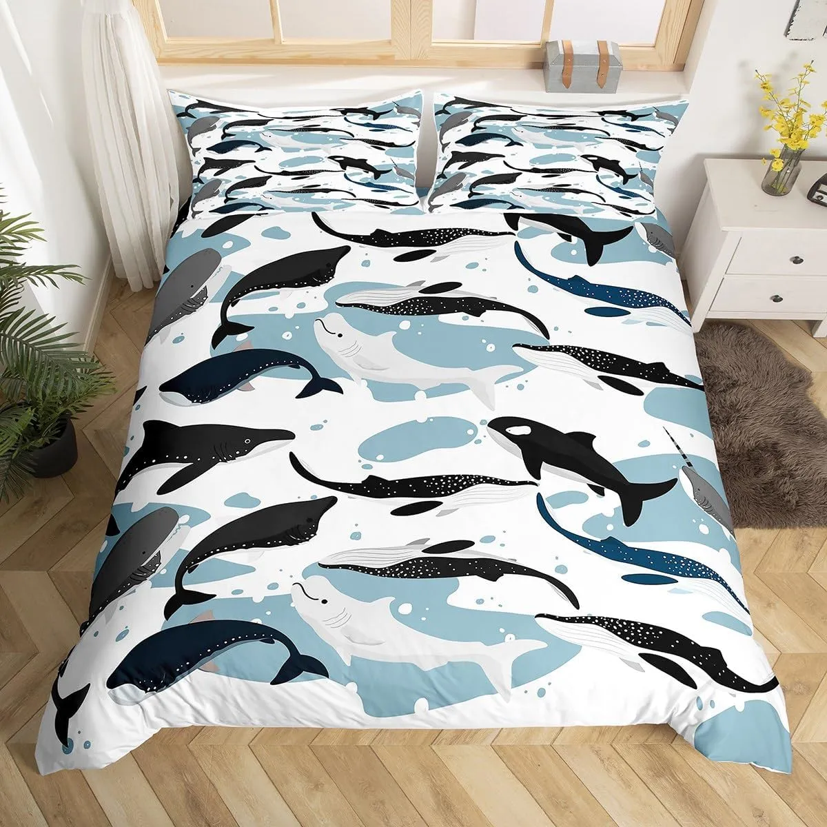 Erosebridal Whale Comforter Cover Twin, Marine Life Duvet Cover for Kids Boys Girls, Kawaii Cartoon Sea Animal Quilt Cover, Underwater Mammal Bedding Set, Dolphin Killer Whale Decor Bedspread Cover
