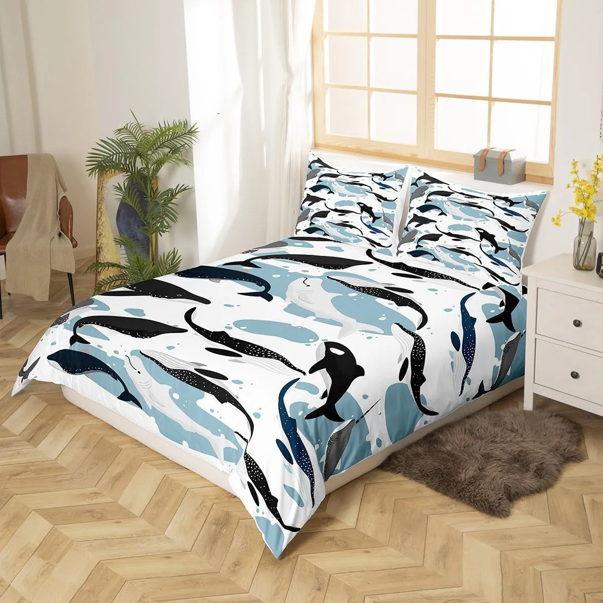 Erosebridal Whale Comforter Cover Twin, Marine Life Duvet Cover for Kids Boys Girls, Kawaii Cartoon Sea Animal Quilt Cover, Underwater Mammal Bedding Set, Dolphin Killer Whale Decor Bedspread Cover