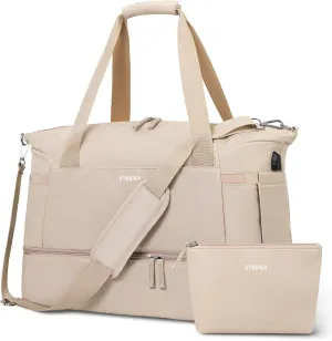 ETRONIK Gym Bag for Women, Personal Item Travel Bag with Shoes Compartment, Weekender Overnight Duffel Bag with Wet Pocket & USB Charging Port, Carry On Bag for Women, Travel, Gym, Weekend (Khaki)