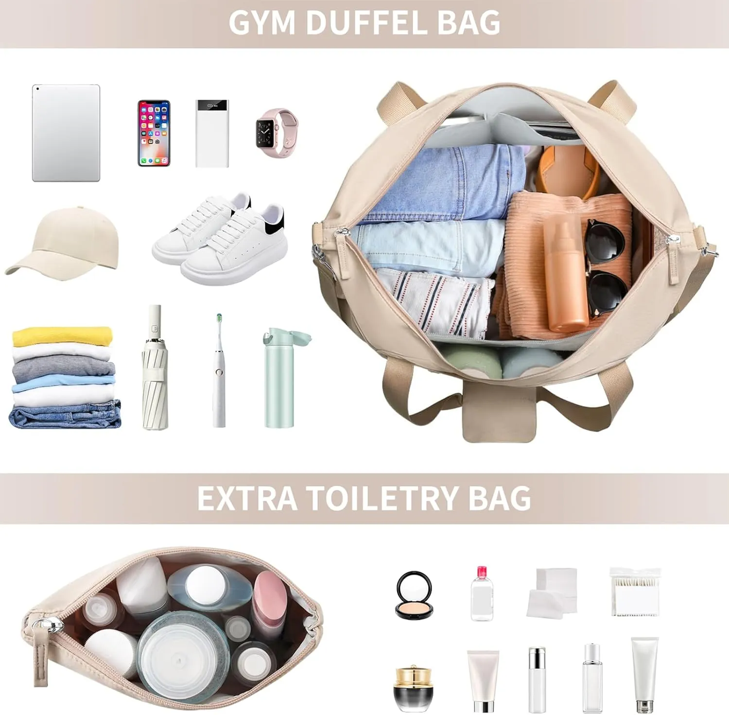 ETRONIK Gym Bag for Women, Personal Item Travel Bag with Shoes Compartment, Weekender Overnight Duffel Bag with Wet Pocket & USB Charging Port, Carry On Bag for Women, Travel, Gym, Weekend (Khaki)