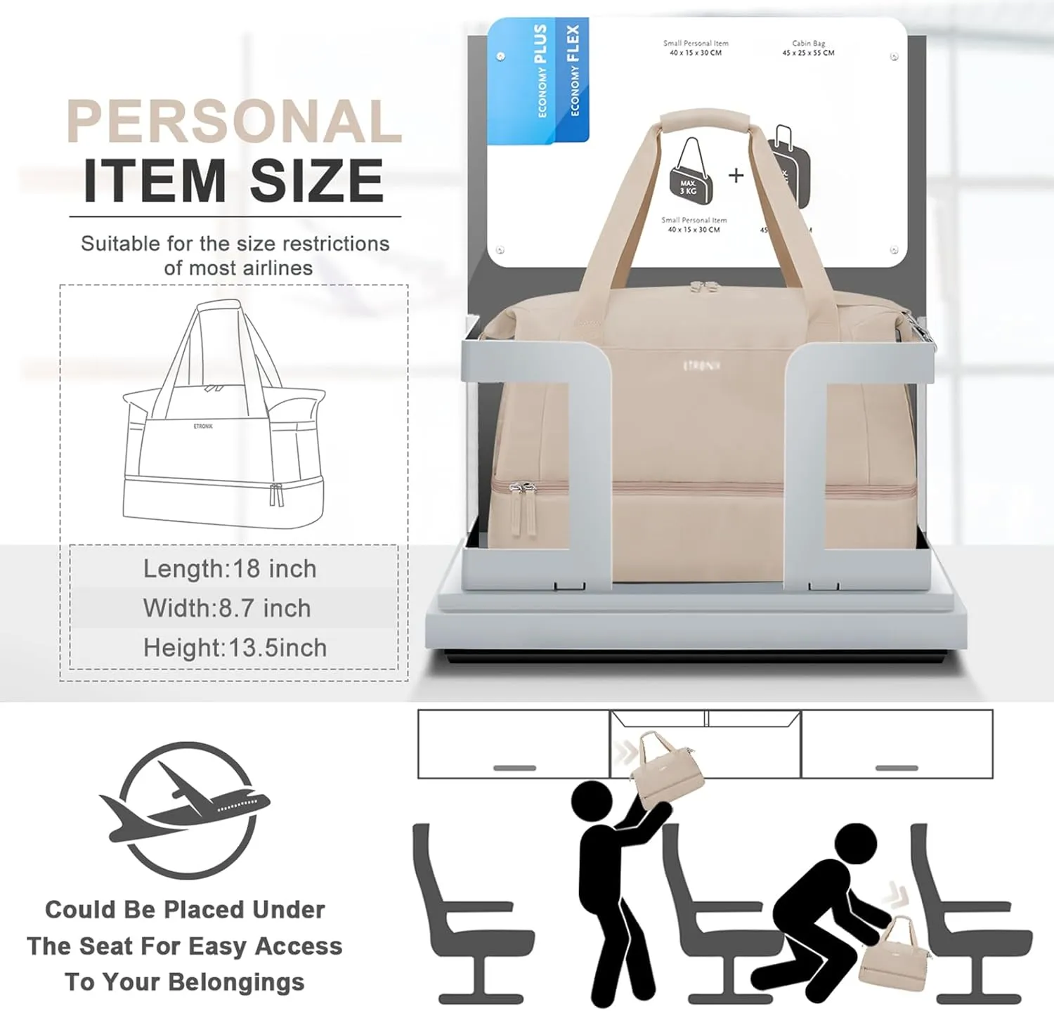ETRONIK Gym Bag for Women, Personal Item Travel Bag with Shoes Compartment, Weekender Overnight Duffel Bag with Wet Pocket & USB Charging Port, Carry On Bag for Women, Travel, Gym, Weekend (Khaki)