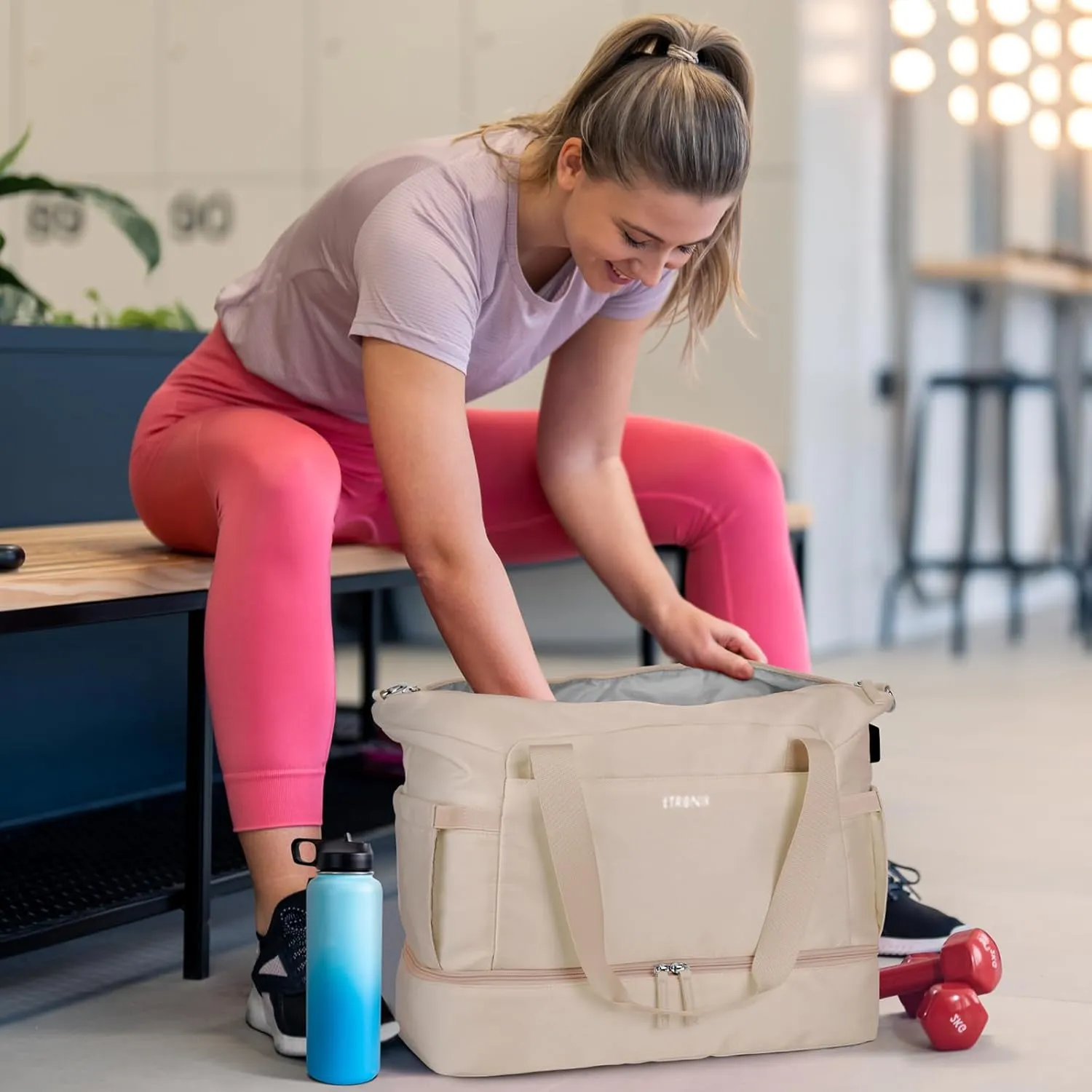 ETRONIK Gym Bag for Women, Personal Item Travel Bag with Shoes Compartment, Weekender Overnight Duffel Bag with Wet Pocket & USB Charging Port, Carry On Bag for Women, Travel, Gym, Weekend (Khaki)