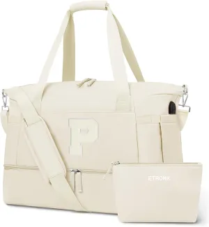 ETRONIK Personalized Initial Gym Bag, Travel Duffel Bag with USB Charging Port, Weekender Overnight Bag with Wet Pocket & Shoes Compartment, Great Gift for Women, Mom, Teachers, Friends (Letter P)