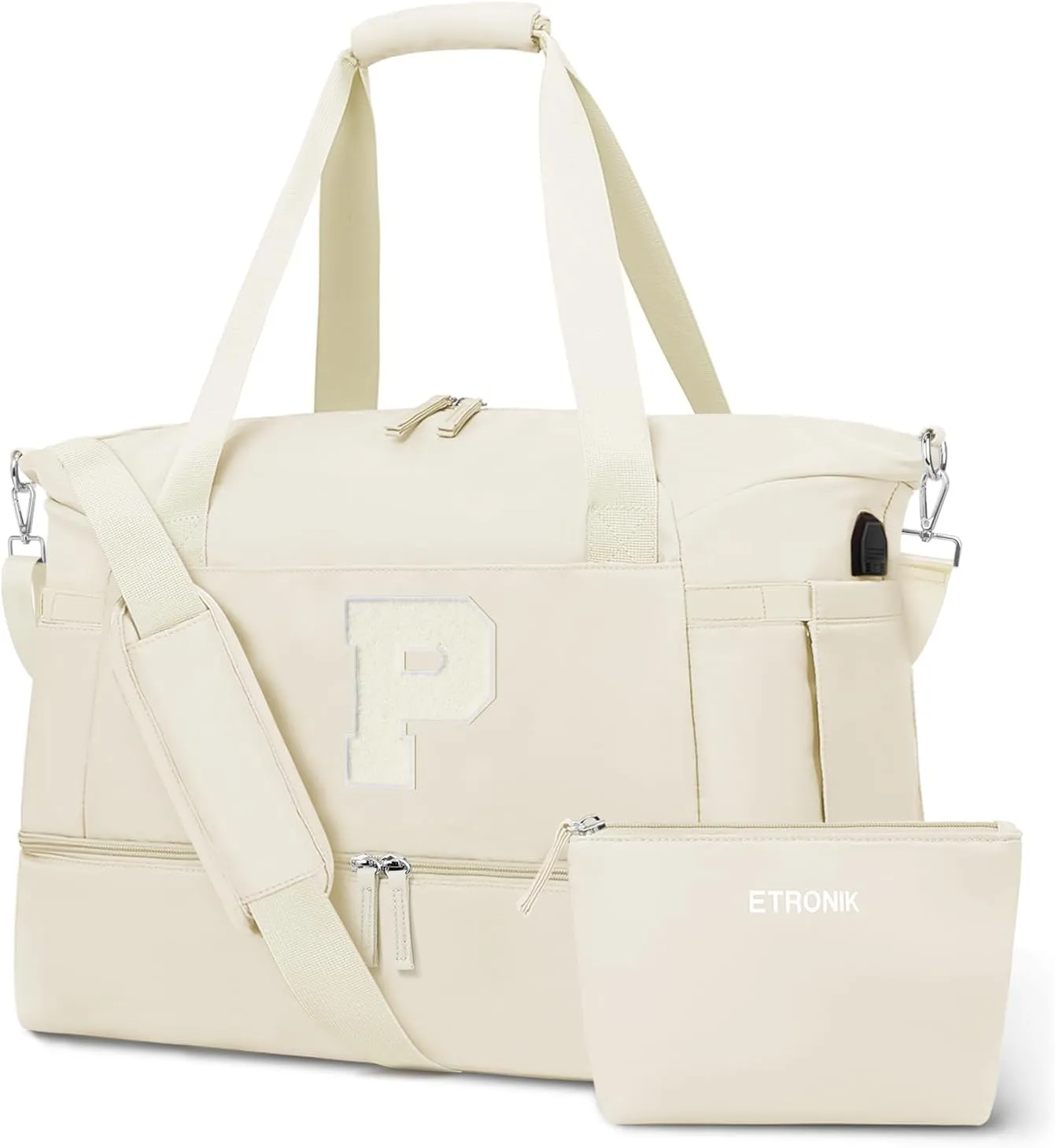 ETRONIK Personalized Initial Gym Bag, Travel Duffel Bag with USB Charging Port, Weekender Overnight Bag with Wet Pocket & Shoes Compartment, Great Gift for Women, Mom, Teachers, Friends (Letter P)