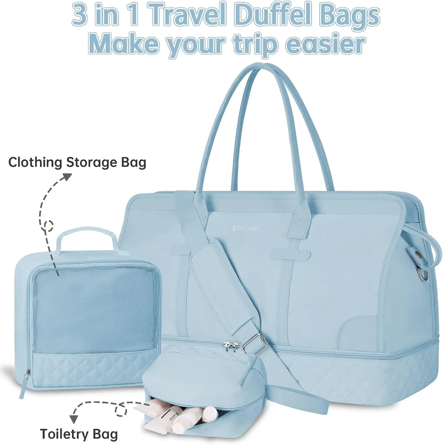 ETRONIK Weekender Overnight Bag for Women, Large Travel Duffle Bag with Shoe Compartment & Wet Pocket, Carry On Tote Bag Gym Duffel Bag with Toiletry Bag, 3 Pcs Set, Large Size, Light Blue