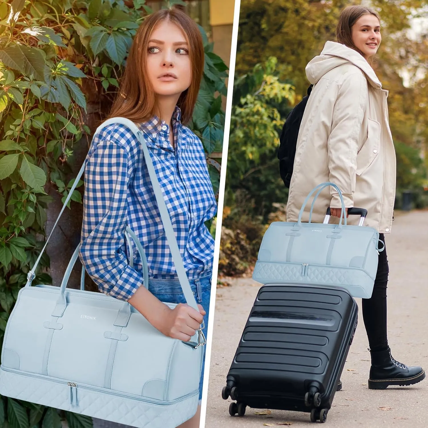 ETRONIK Weekender Overnight Bag for Women, Large Travel Duffle Bag with Shoe Compartment & Wet Pocket, Carry On Tote Bag Gym Duffel Bag with Toiletry Bag, 3 Pcs Set, Large Size, Light Blue