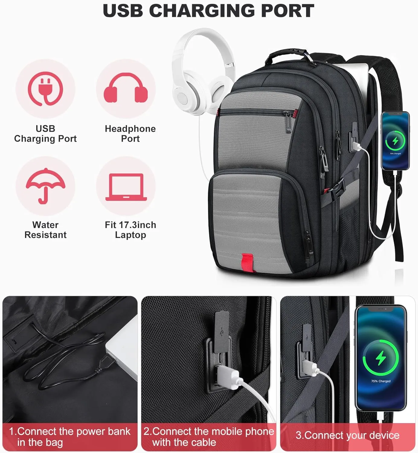 Extra Large Laptop Backpack for Men, Travel Backpack,Big Backpack, 50L Water Resistant School Business Work Computer College Heavy Duty Bag with USB Port, Fits 17 Inch Laptop, Grey