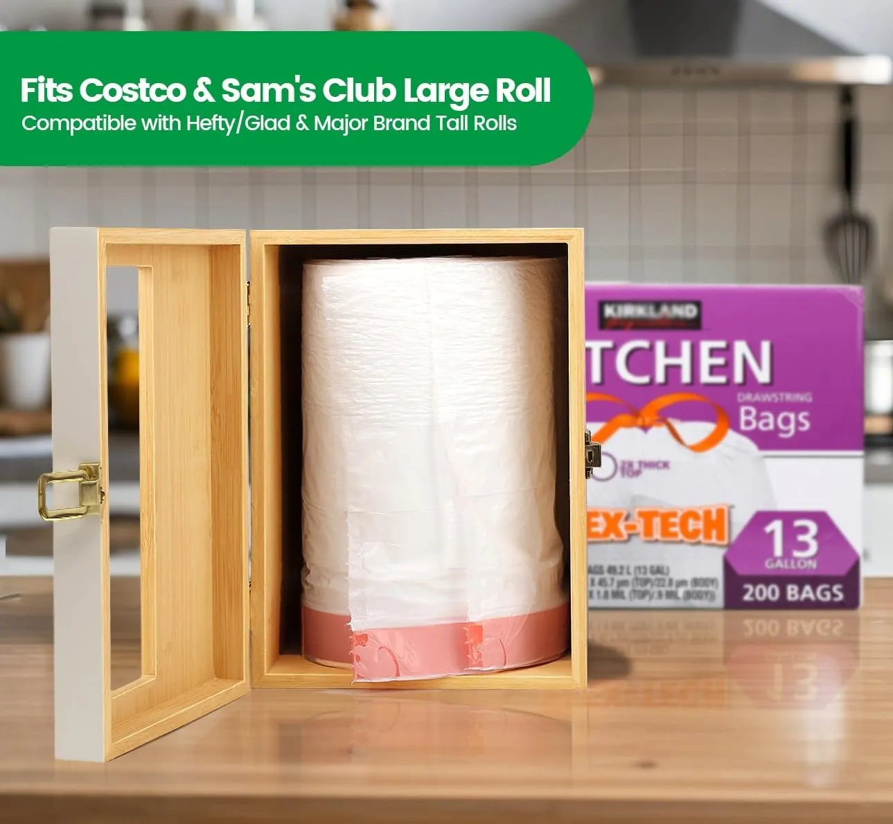 Extra Large White Bamboo Trash Bag Holder Dispenser, Fits Costco & Sam's Club Jumbo Rolls, Under-Sink, Cabinet & Wall Mount Organizer, Garbage Bag Storage for Kitchen, Pantry, Garage
