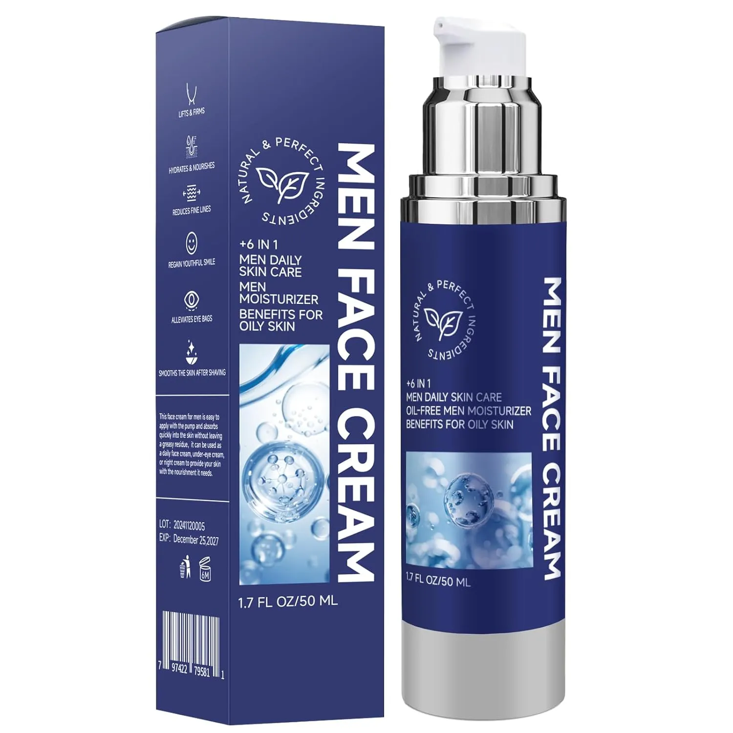 Face Cream for Men, 6 In 1 For Men, Collagen Face Moisturizer for Reduce the Puffines Look of Eye Bags Smooths Appearance of Fine Lines, After Shave Skin Care, 1.7oz