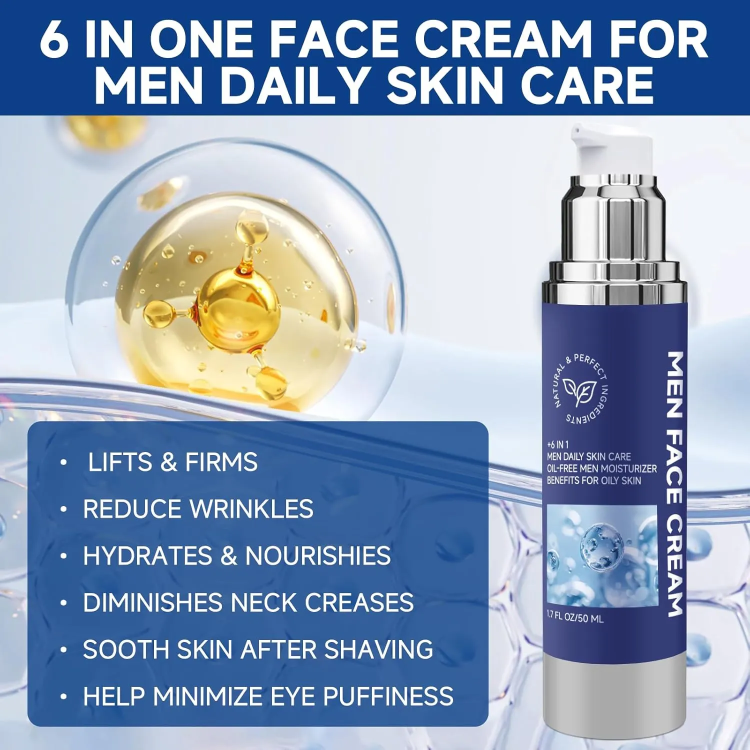 Face Cream for Men, 6 In 1 For Men, Collagen Face Moisturizer for Reduce the Puffines Look of Eye Bags Smooths Appearance of Fine Lines, After Shave Skin Care, 1.7oz