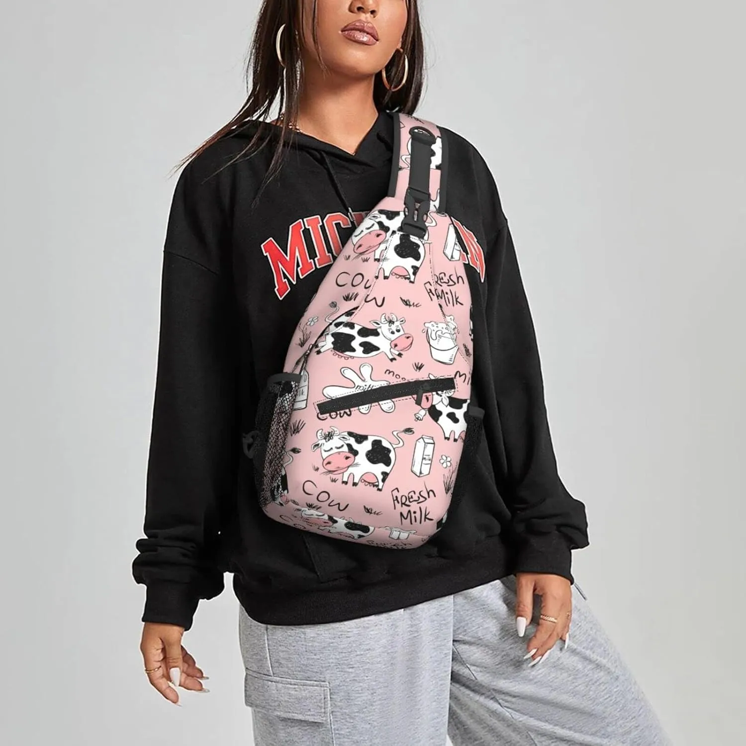 Famame Funny Cow Milk Print Sling Backpack Chest Bag Crossbody Shoulder Bag Gym Cycling Travel Hiking Daypack For Men Women