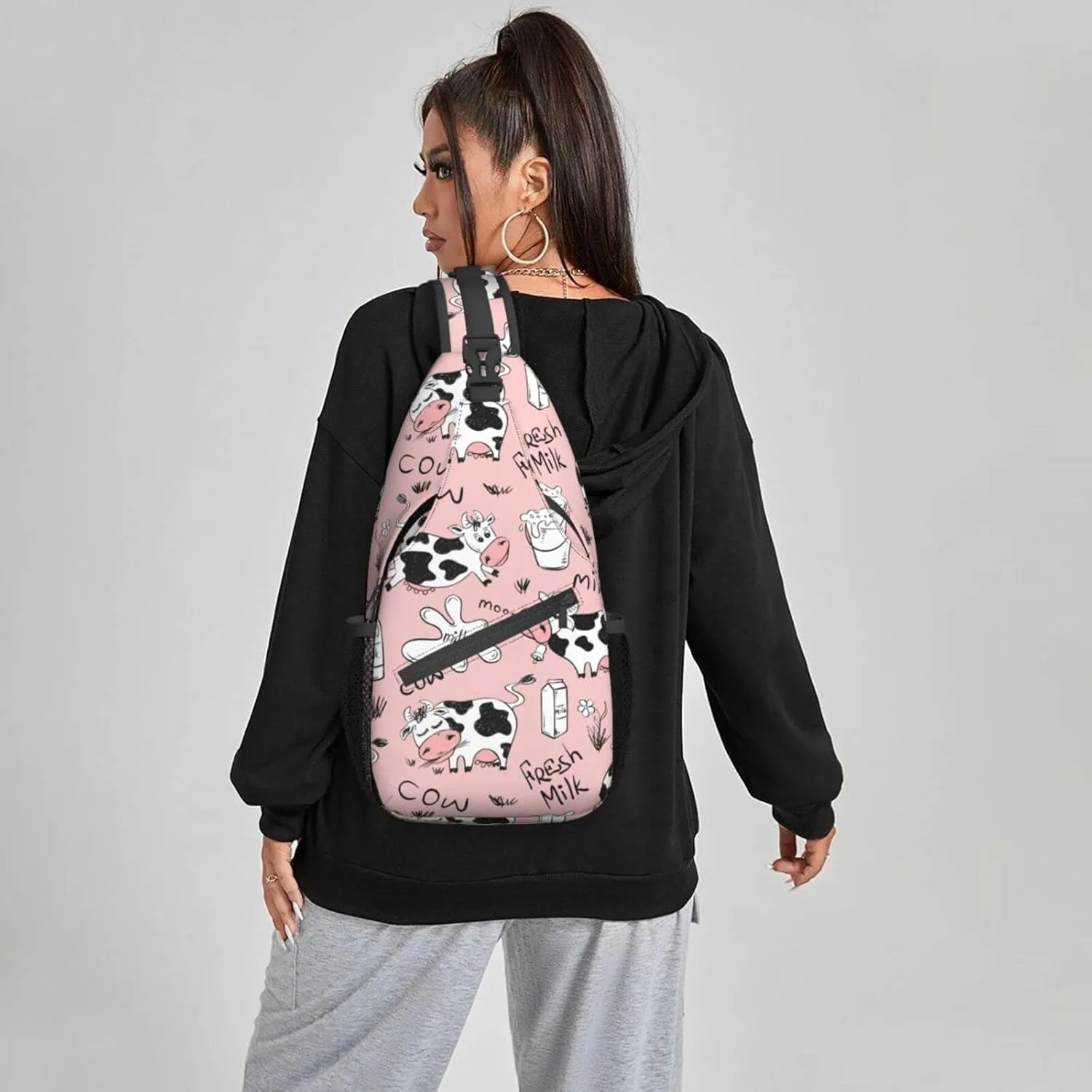 Famame Funny Cow Milk Print Sling Backpack Chest Bag Crossbody Shoulder Bag Gym Cycling Travel Hiking Daypack For Men Women