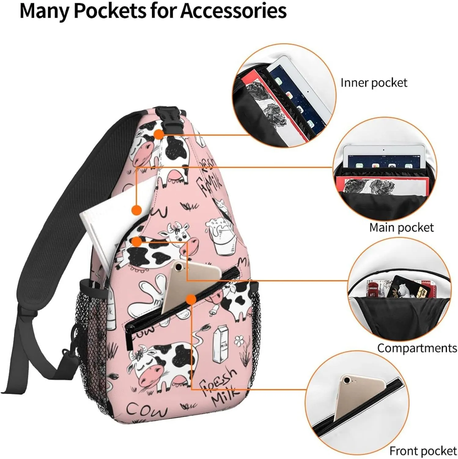 Famame Funny Cow Milk Print Sling Backpack Chest Bag Crossbody Shoulder Bag Gym Cycling Travel Hiking Daypack For Men Women