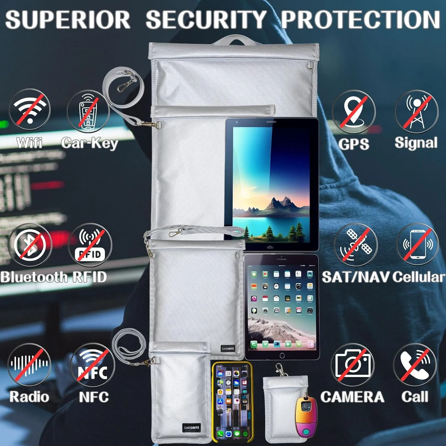 Faraday Bags for Phones, Large Faraday Bag for Laptop & Tablet, Faraday Pouch with Lanyard for Phone & Key Fob RFID Signal Blocker, Faraday Cage Protection Bags for Electronics, 5 Packs