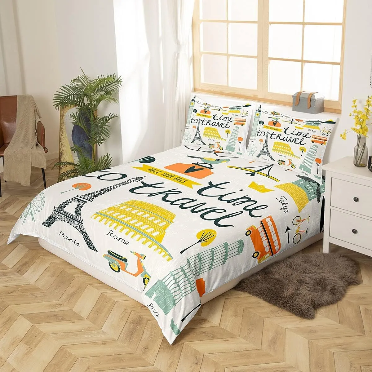 Feelyou 3 Pieces Queen Bedding Set for Kids Teens Travel Theme Duvet Cover Decorative Modern Cartoon Eiffel Tower Print Comforter Cover World Famous City Building Landscape Quilt Cover Ultra Soft
