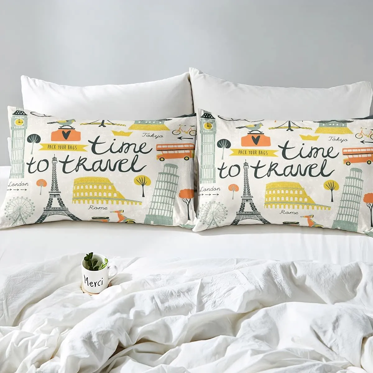 Feelyou 3 Pieces Queen Bedding Set for Kids Teens Travel Theme Duvet Cover Decorative Modern Cartoon Eiffel Tower Print Comforter Cover World Famous City Building Landscape Quilt Cover Ultra Soft