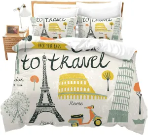 Feelyou 3 Pieces Queen Bedding Set for Kids Teens Travel Theme Duvet Cover Decorative Modern Cartoon Eiffel Tower Print Comforter Cover World Famous City Building Landscape Quilt Cover Ultra Soft
