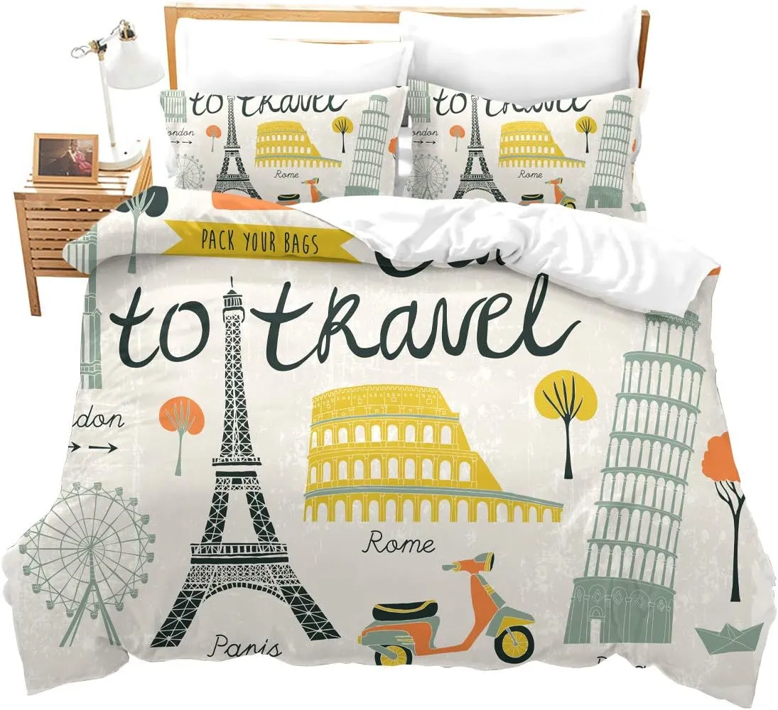 Feelyou 3 Pieces Queen Bedding Set for Kids Teens Travel Theme Duvet Cover Decorative Modern Cartoon Eiffel Tower Print Comforter Cover World Famous City Building Landscape Quilt Cover Ultra Soft