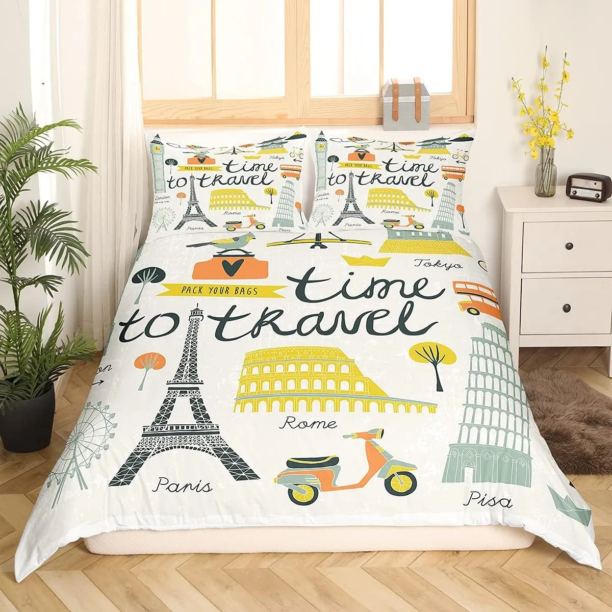 Feelyou 3 Pieces Queen Bedding Set for Kids Teens Travel Theme Duvet Cover Decorative Modern Cartoon Eiffel Tower Print Comforter Cover World Famous City Building Landscape Quilt Cover Ultra Soft