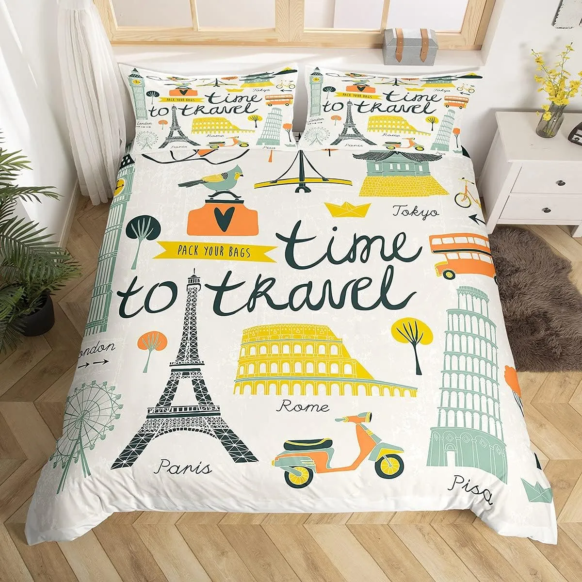 Feelyou 3 Pieces Queen Bedding Set for Kids Teens Travel Theme Duvet Cover Decorative Modern Cartoon Eiffel Tower Print Comforter Cover World Famous City Building Landscape Quilt Cover Ultra Soft