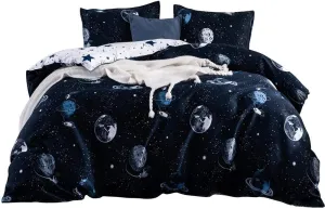 Feelyou Boys Duvet Cover Queen Size Blue Cartoon Star Universe Planets Beddding Set for Kids Teen Girls Decorative Galaxy Comforter Cover with 2 Pillow Shams Cute Bed Cover Zipper Soft 3 Pcs