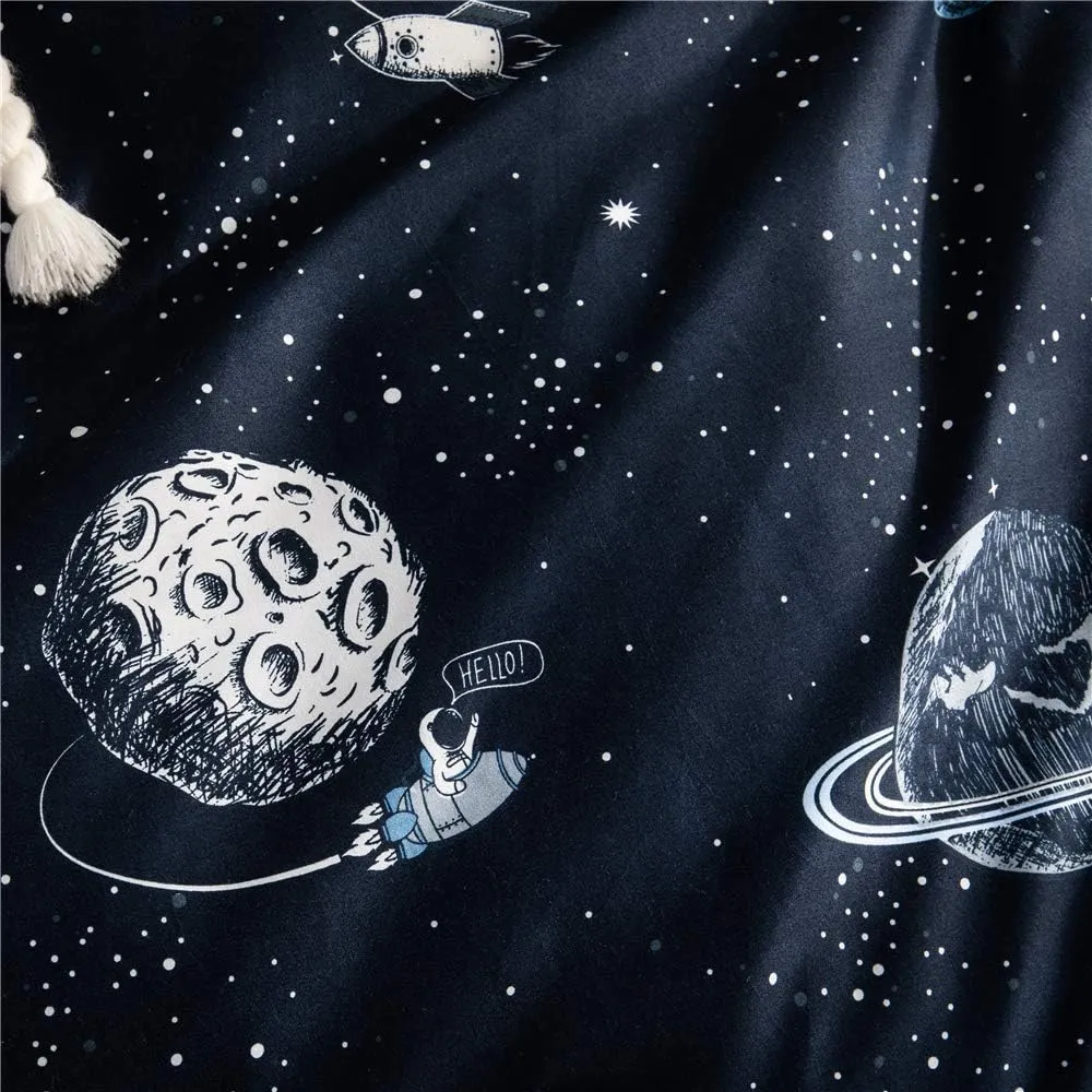 Feelyou Boys Duvet Cover Queen Size Blue Cartoon Star Universe Planets Beddding Set for Kids Teen Girls Decorative Galaxy Comforter Cover with 2 Pillow Shams Cute Bed Cover Zipper Soft 3 Pcs