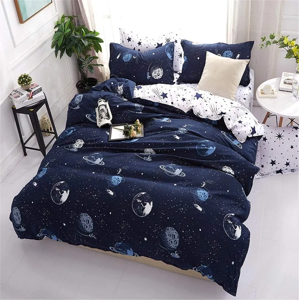 Feelyou Boys Duvet Cover Queen Size Blue Cartoon Star Universe Planets Beddding Set for Kids Teen Girls Decorative Galaxy Comforter Cover with 2 Pillow Shams Cute Bed Cover Zipper Soft 3 Pcs