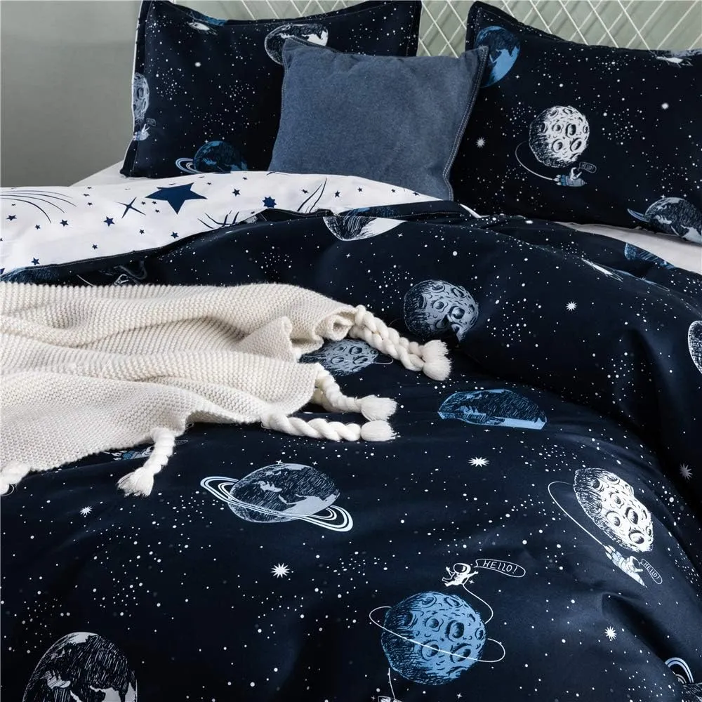 Feelyou Boys Duvet Cover Queen Size Blue Cartoon Star Universe Planets Beddding Set for Kids Teen Girls Decorative Galaxy Comforter Cover with 2 Pillow Shams Cute Bed Cover Zipper Soft 3 Pcs