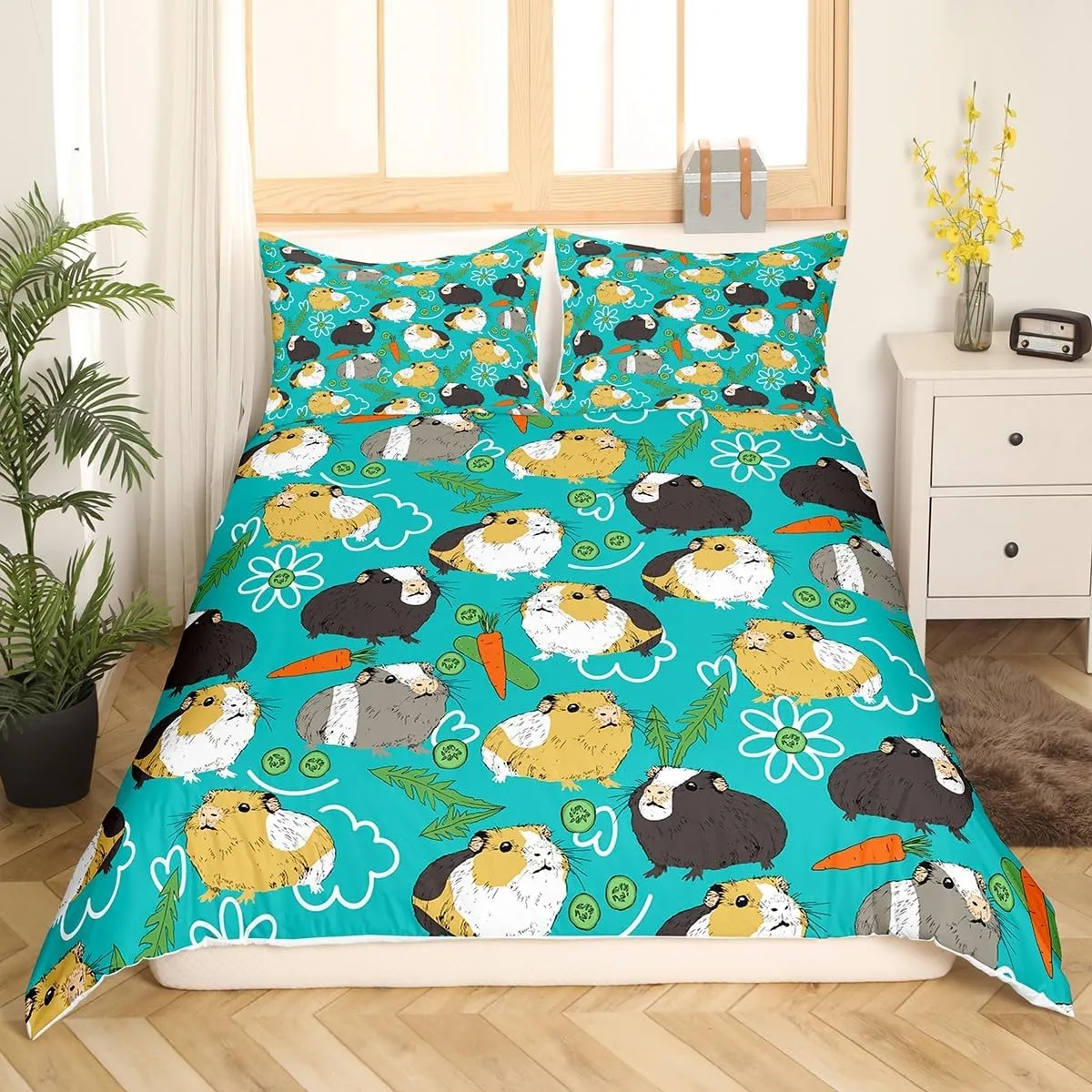 Feelyou Cartoon Hamster Bedding Set for Girls Boys Cute Guinea Pig Children Comforter Cover Decorative Pet Animal Theme Duvet Cover Carrot Vegetable Bedspread Cover 3Pcs with 2 Pillowcase Full Size
