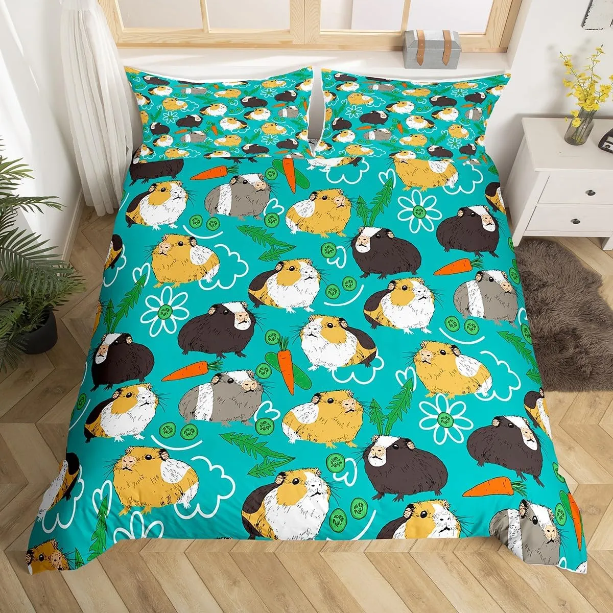 Feelyou Cartoon Hamster Bedding Set for Girls Boys Cute Guinea Pig Children Comforter Cover Decorative Pet Animal Theme Duvet Cover Carrot Vegetable Bedspread Cover 3Pcs with 2 Pillowcase Full Size