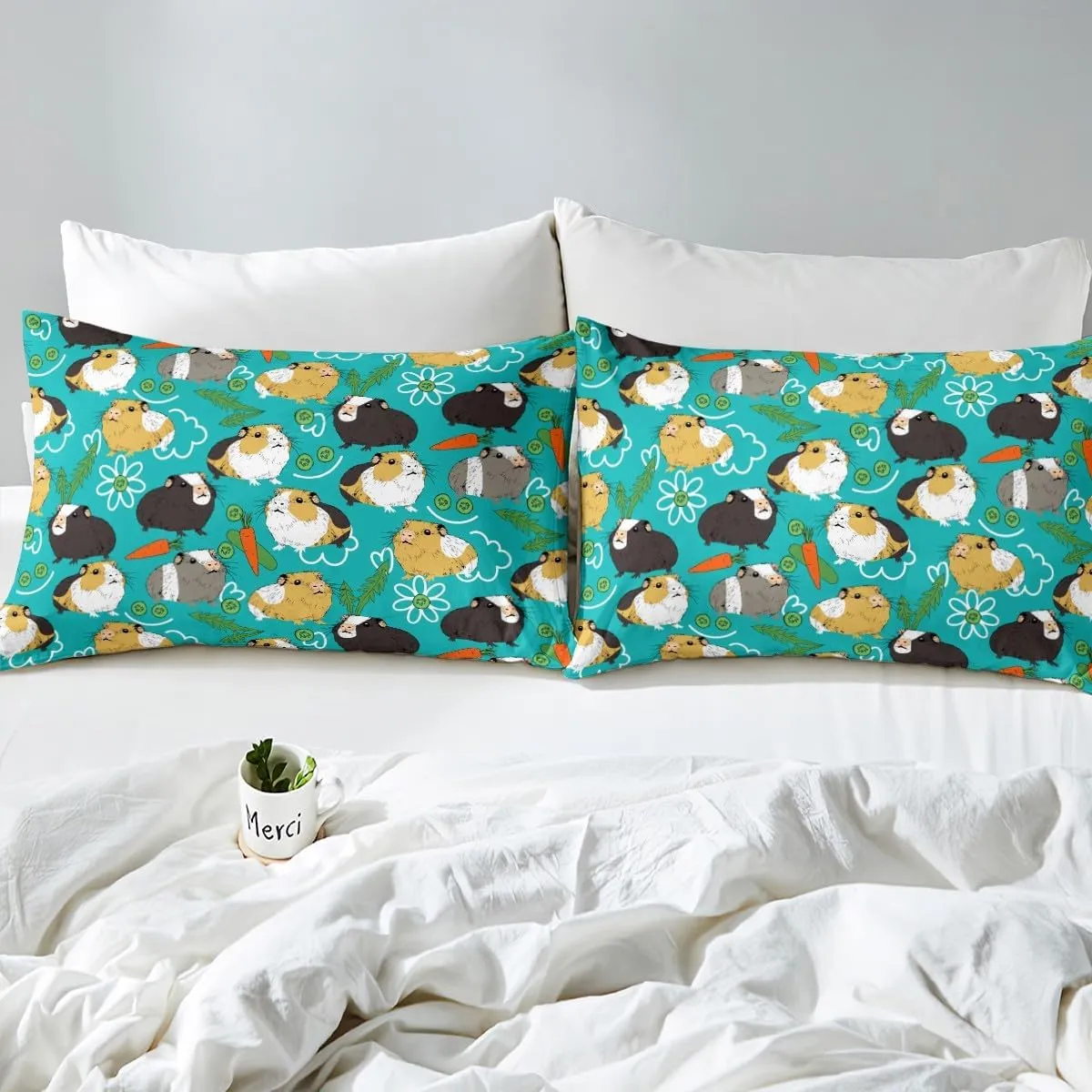 Feelyou Cartoon Hamster Bedding Set for Girls Boys Cute Guinea Pig Children Comforter Cover Decorative Pet Animal Theme Duvet Cover Carrot Vegetable Bedspread Cover 3Pcs with 2 Pillowcase Full Size