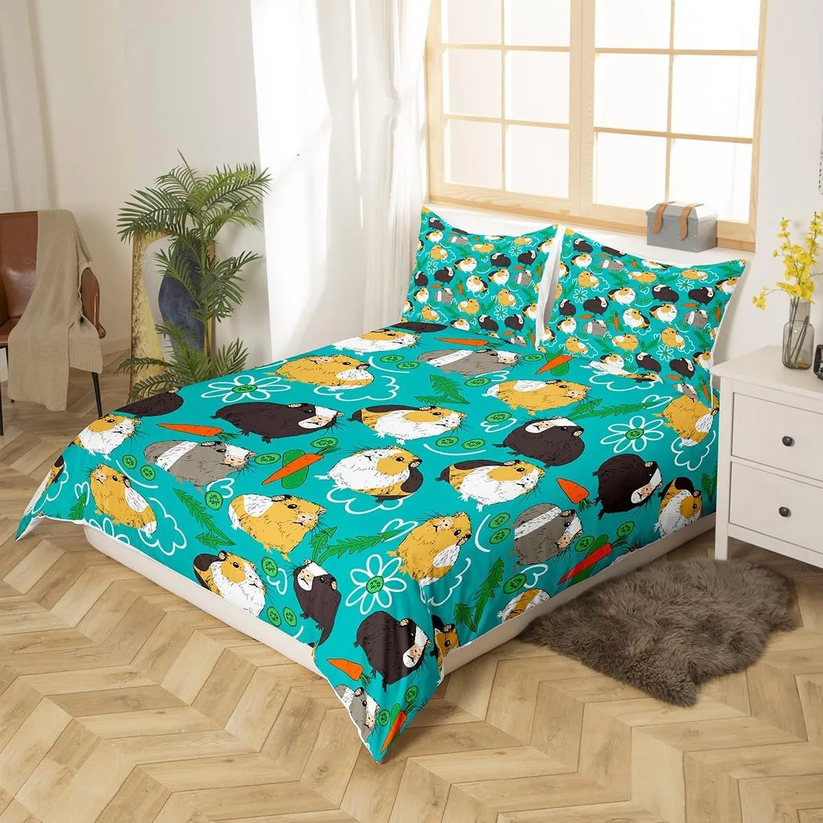 Feelyou Cartoon Hamster Bedding Set for Girls Boys Cute Guinea Pig Children Comforter Cover Decorative Pet Animal Theme Duvet Cover Carrot Vegetable Bedspread Cover 3Pcs with 2 Pillowcase Full Size